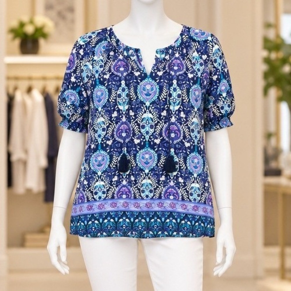 Talbots Womens Blouse Blue Medallion Print Tassel Tie Cotton Top LP